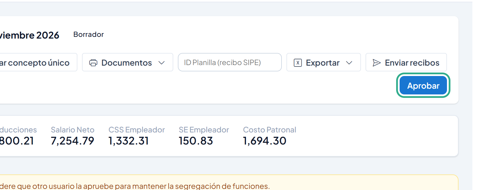 Barra de acciones de la planilla con el botón Aprobar resaltado