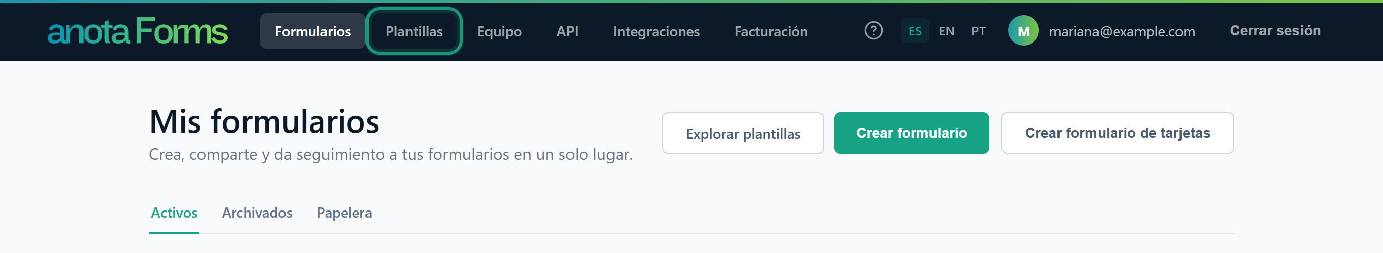 La página Mis formularios con el enlace Plantillas de la barra superior resaltado