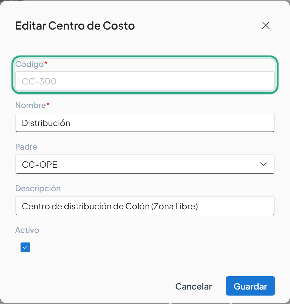 Cuadro Editar Centro de Costo con el campo Código deshabilitado y resaltado