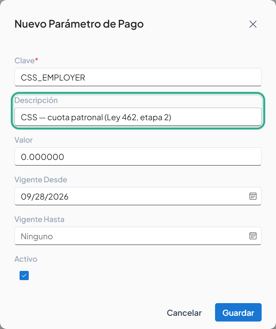 Campo Descripción resaltado con el texto CSS — cuota patronal (Ley 462, etapa 2)