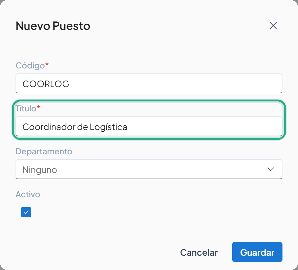 Campo Título resaltado con el texto Coordinador de Logística