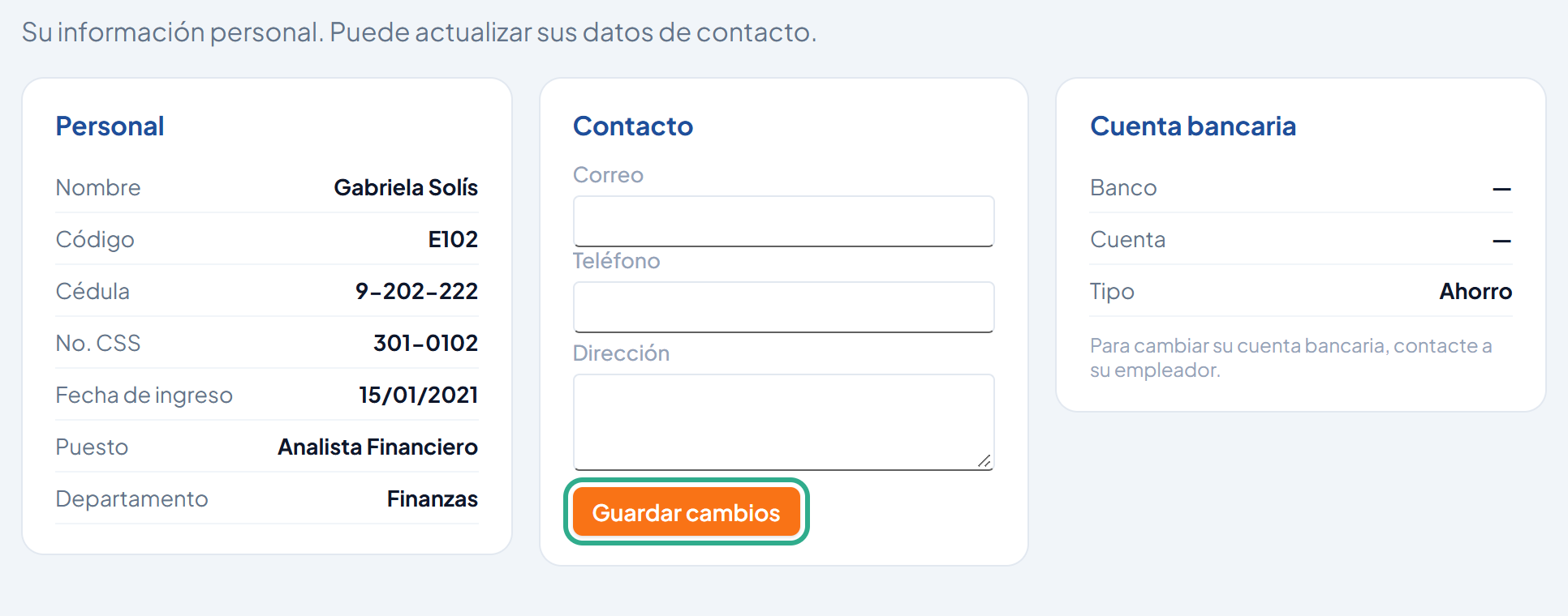 Tarjeta Contacto con el botón Guardar cambios resaltado