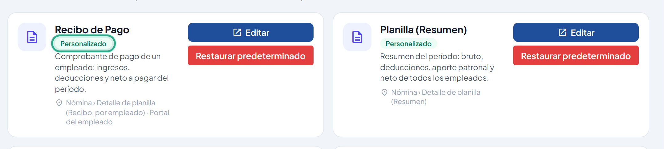 Tarjeta Recibo de Pago con la etiqueta Personalizado resaltada