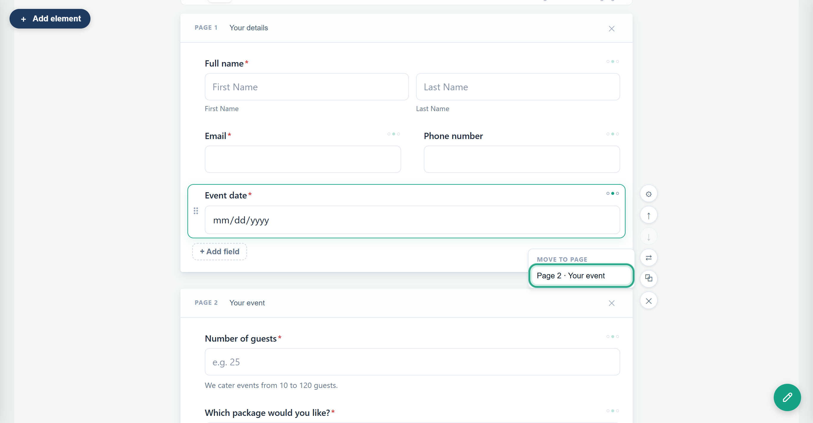 The Move to page menu open next to the selected Event date field, with Page 2 · Your event outlined