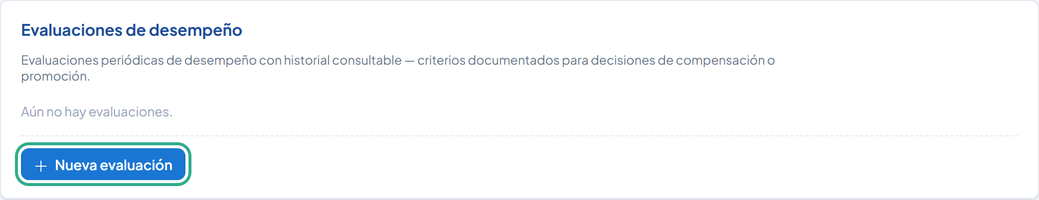 Tarjeta Evaluaciones de desempeño con el botón Nueva evaluación resaltado