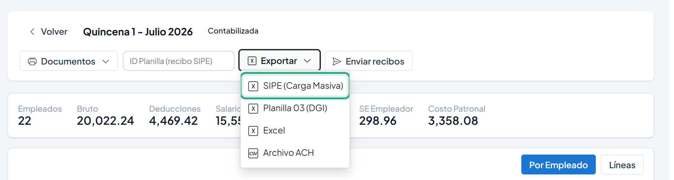 Menú Exportar abierto con la opción SIPE (Carga Masiva) resaltada, sobre Planilla 03 (DGI), Excel y Archivo ACH