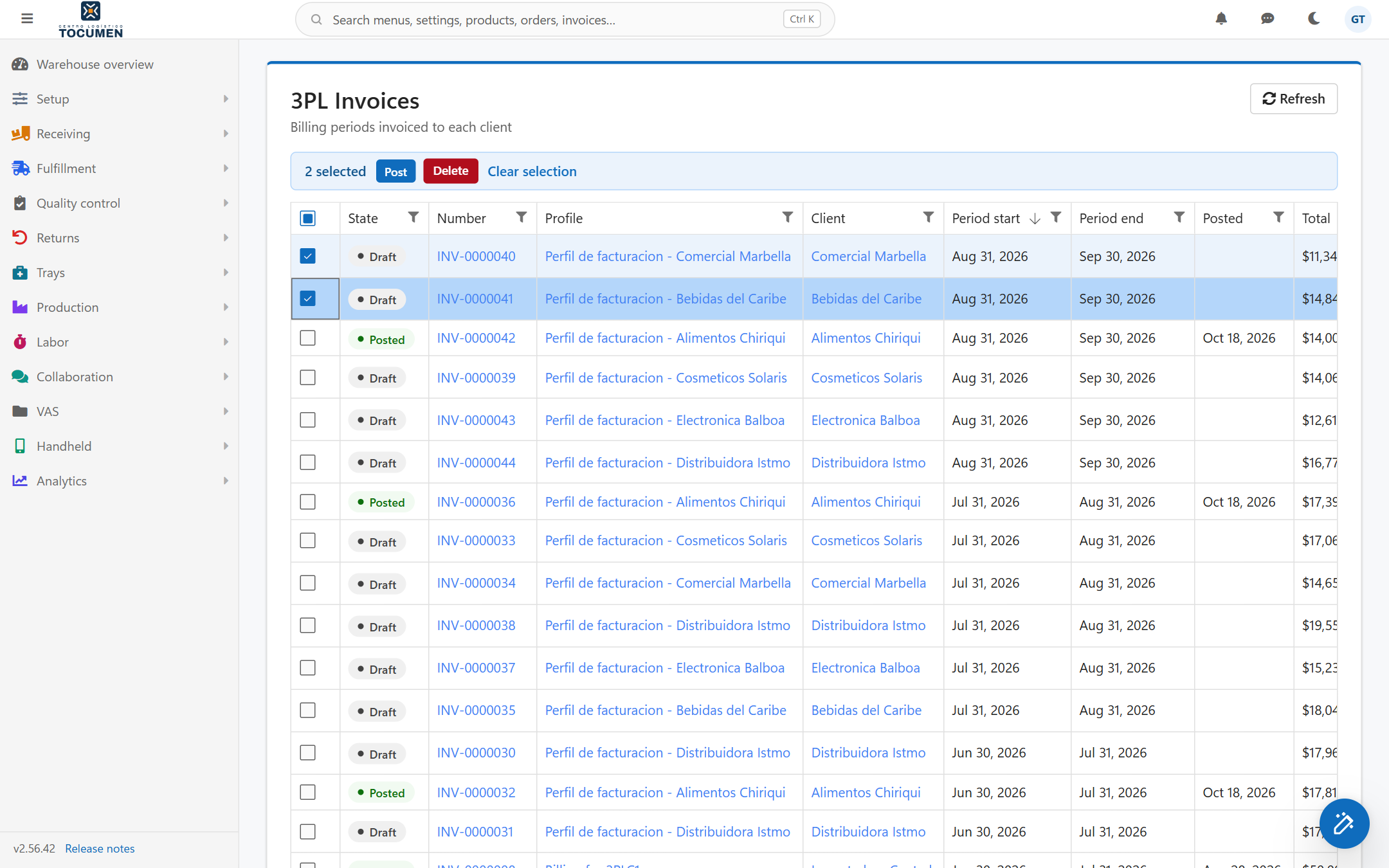 The 3PL Invoices list with draft invoices ticked and the Post button