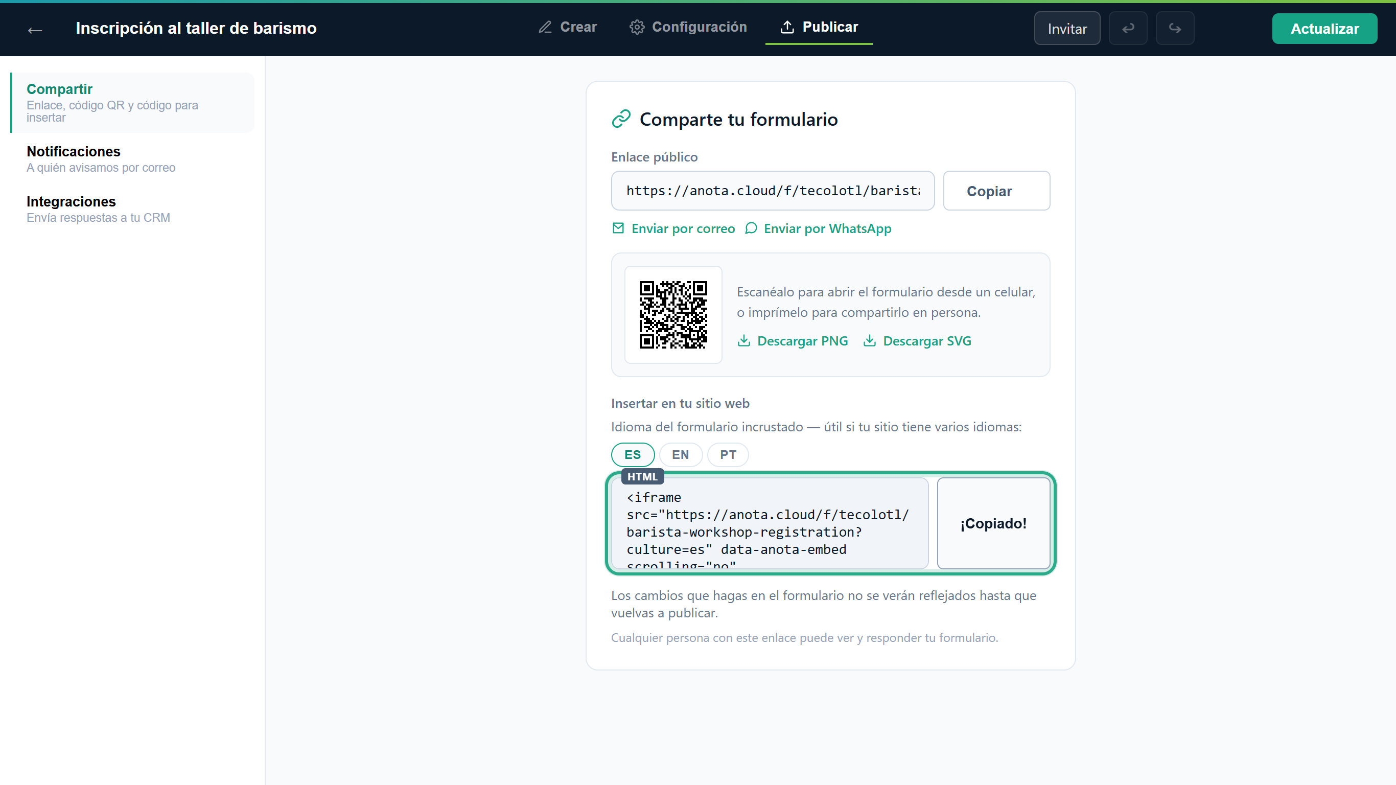 El código para insertar en HTML, con el iframe que apunta a https://anota.cloud/f/tecolotl/barista-workshop-registration?culture=es, y el botón Copiar, resaltados