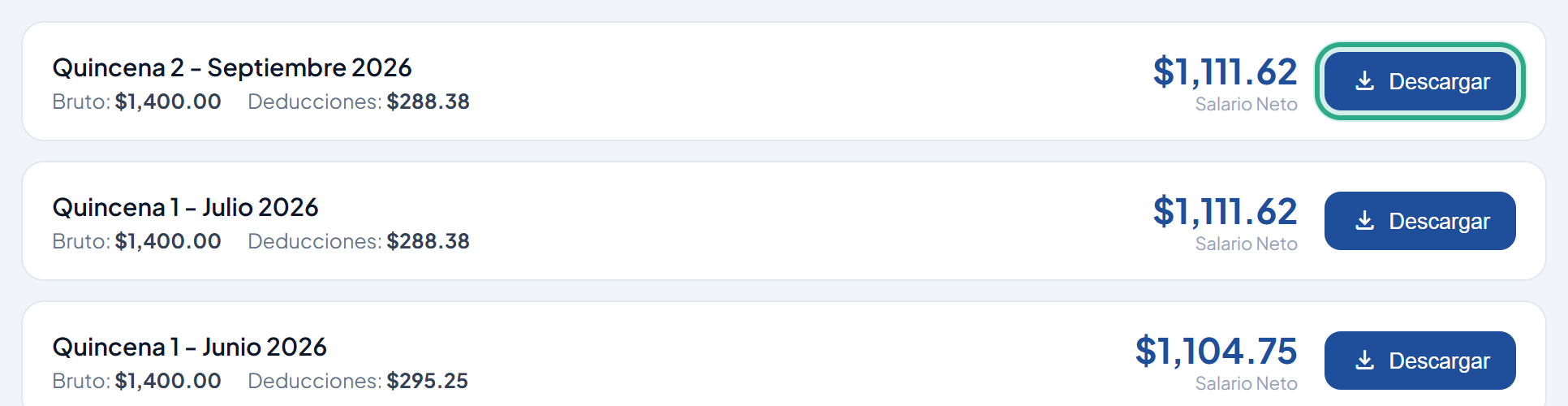 Recibo Quincena 2 - Septiembre 2026 con el botón Descargar resaltado