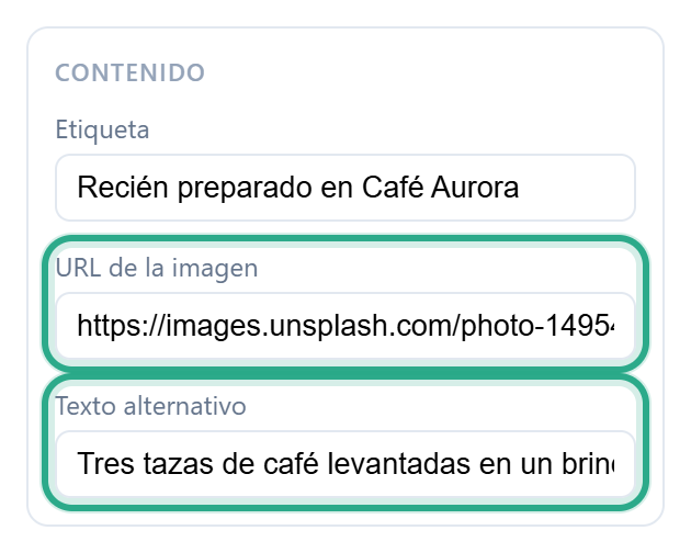 La sección Contenido de una Imagen con Etiqueta, URL de la imagen y Texto alternativo, con URL de la imagen y Texto alternativo resaltados