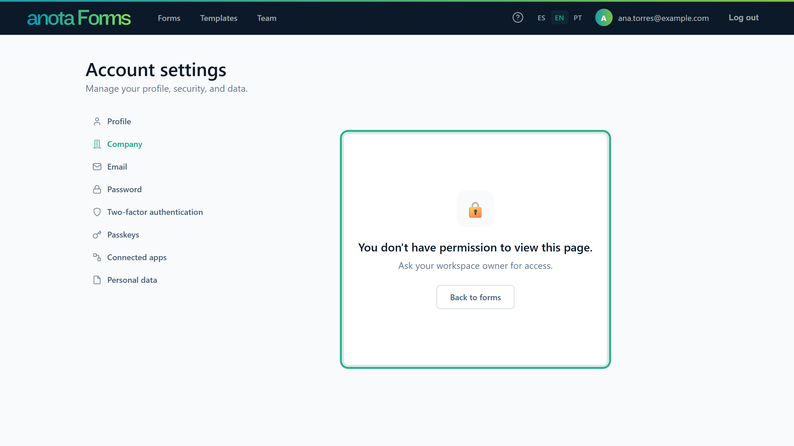 The Company page opened by a Viewer, ana.torres@example.com, showing You don't have permission to view this page. and Back to forms, outlined