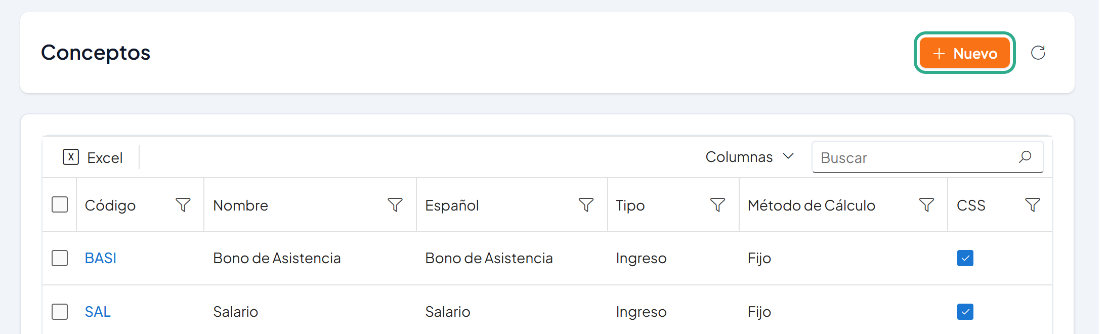 Botón Nuevo resaltado en la parte superior del catálogo de conceptos