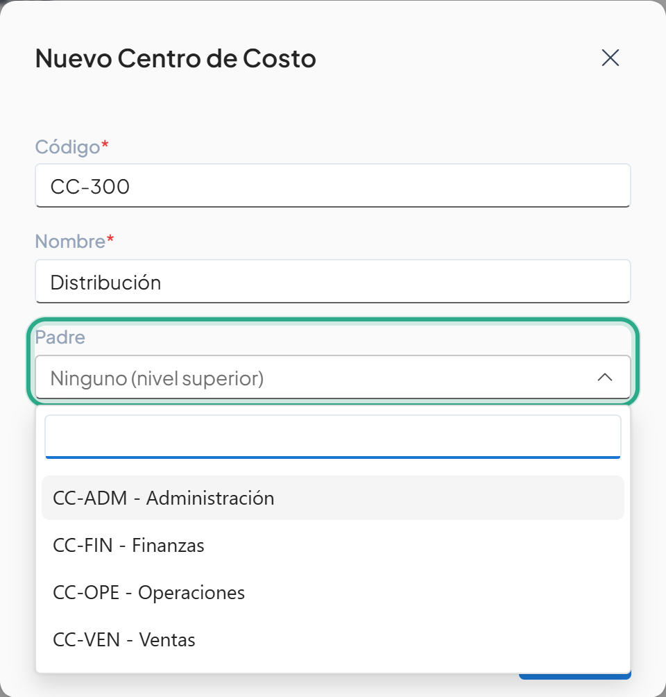 Lista Padre abierta con las opciones CC-ADM, CC-FIN, CC-OPE y CC-VEN