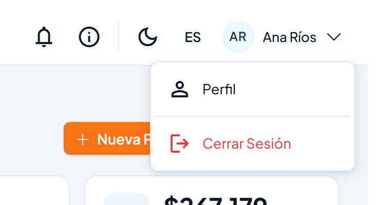 Menú de la cuenta abierto con las opciones Perfil y Cerrar Sesión