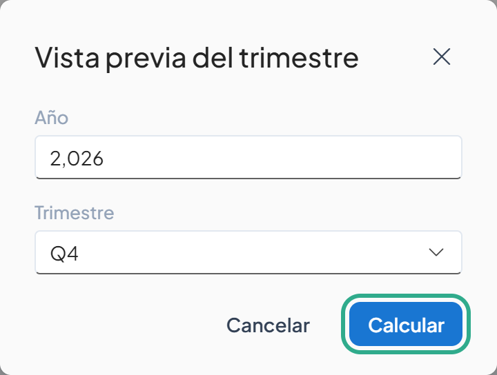 Cuadro Vista previa del trimestre con Q4 seleccionado y el botón Calcular resaltado