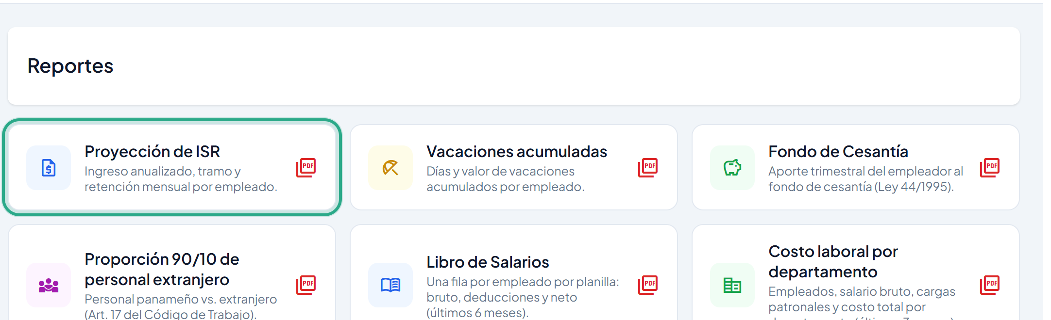 Pantalla Reportes con la tarjeta Proyección de ISR resaltada