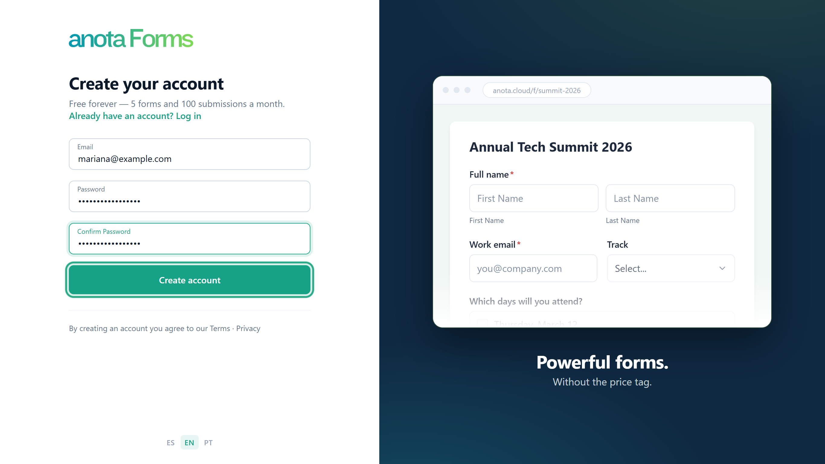 The sign-up form filled in with mariana@example.com and a password, with the Create account button outlined