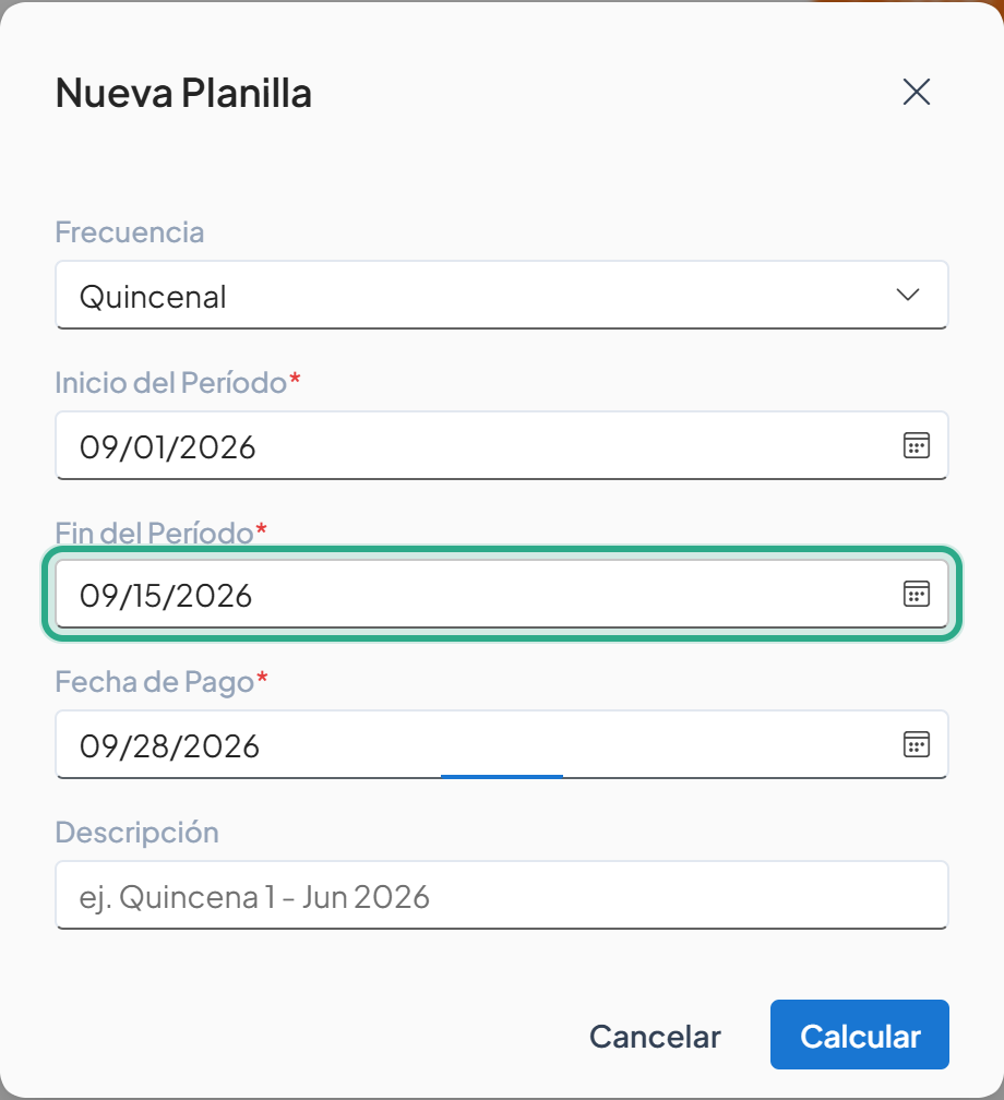 Campo Fin del Período resaltado con la fecha 09/15/2026