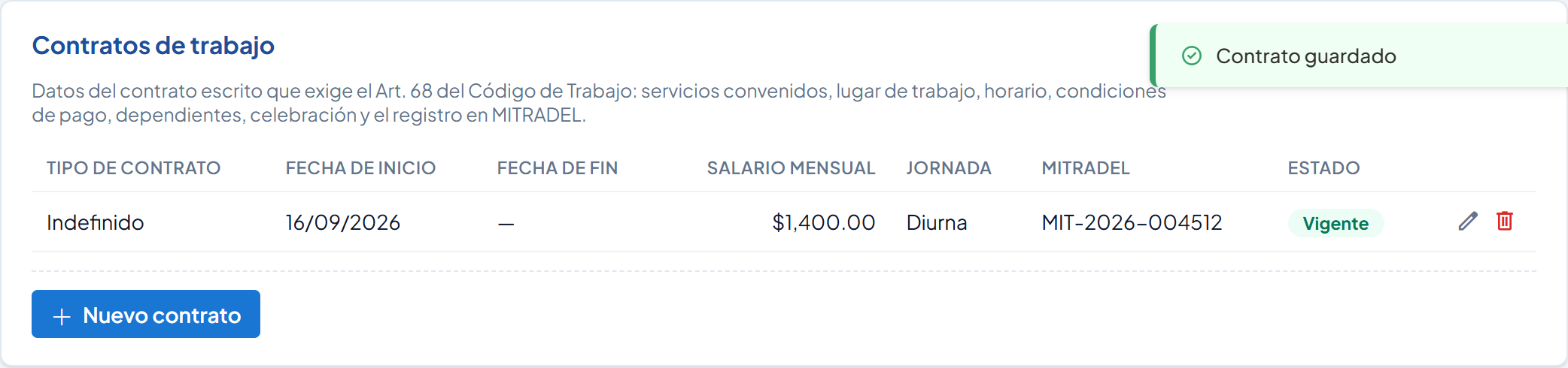 Tarjeta Contratos de trabajo con el contrato Indefinido del 16/09/2026, MIT-2026-004512, en estado Vigente