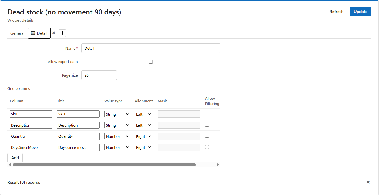 A grid presentation with Allow export data, Page size and its list of columns