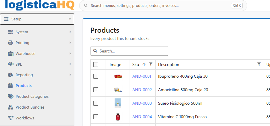 The Setup menu open on Products, with the product list on the right