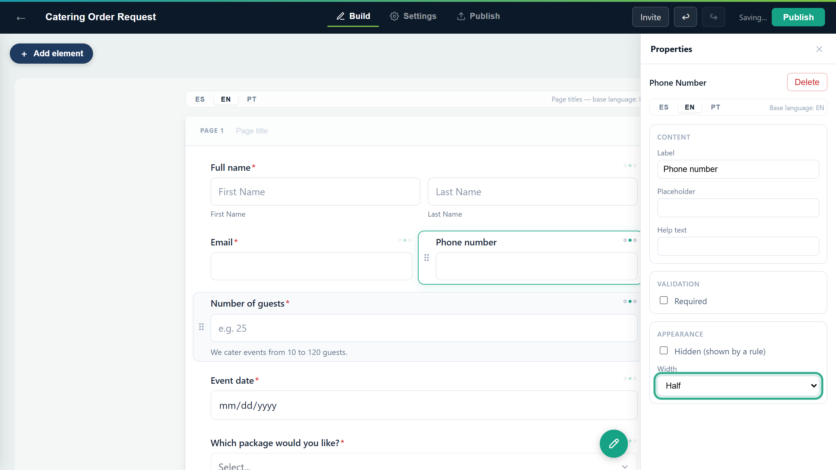 The Properties panel of Phone number with the Width list set to Half outlined; Email and Phone number share one row on the canvas