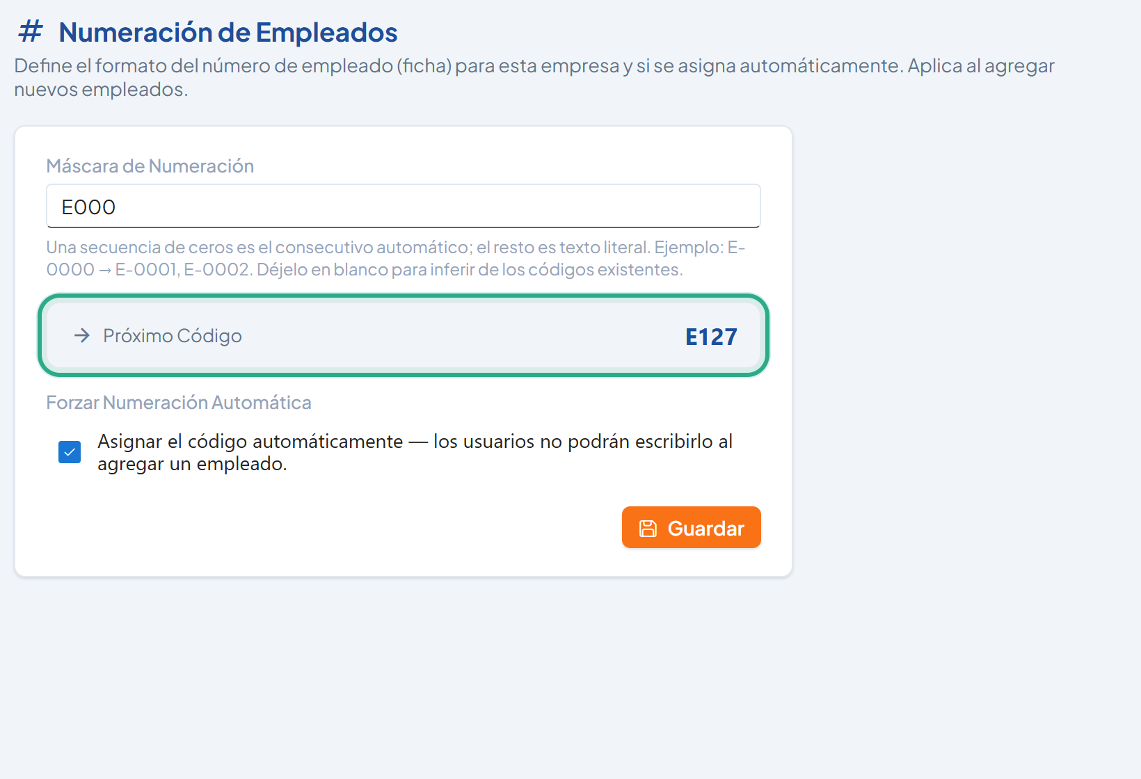 Recuadro Próximo Código resaltado con el valor E127