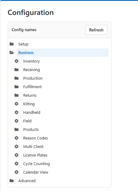The Config names tree with the Business group open, listing Inventory, Receiving, Production, Fulfillment and the other groups