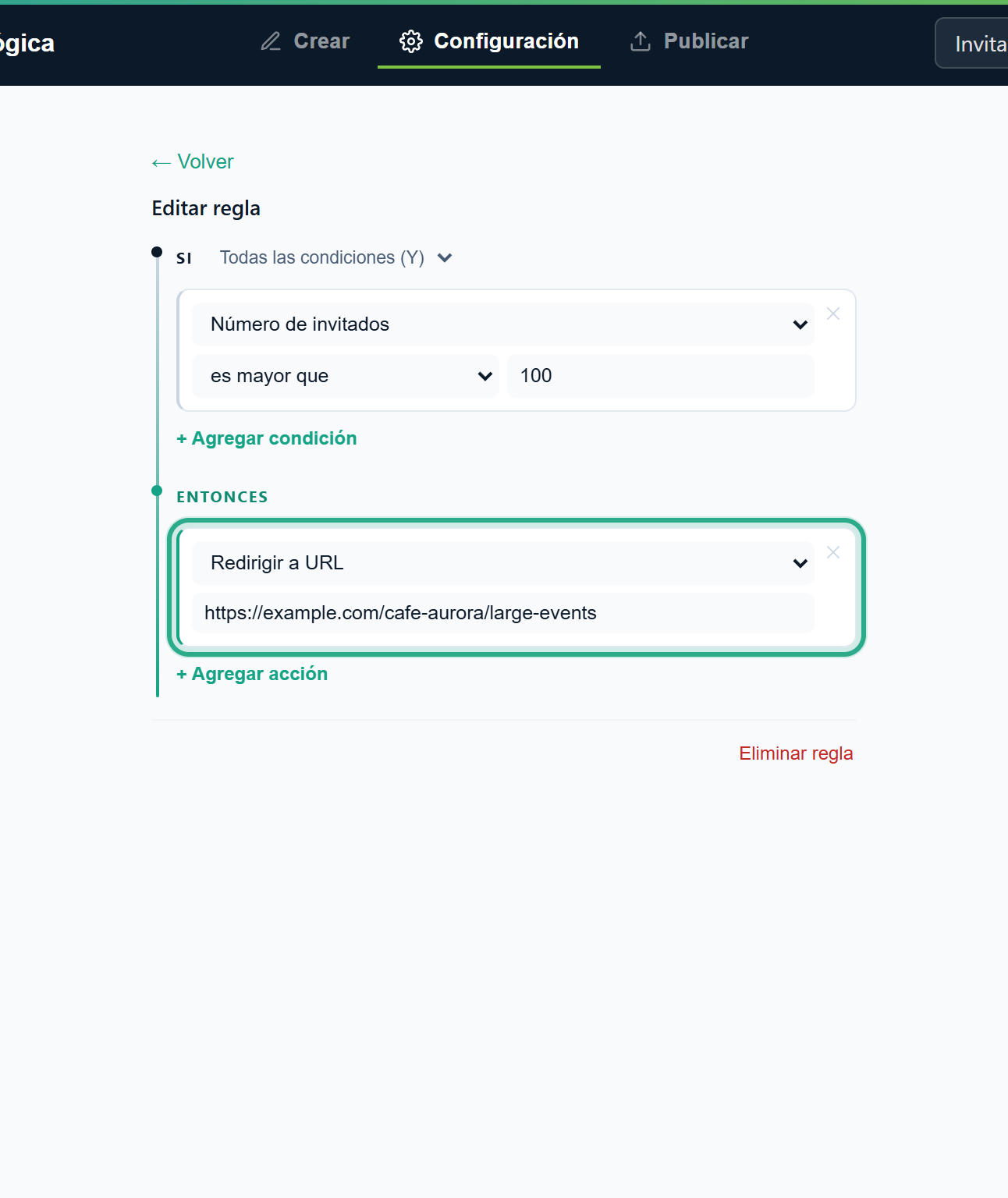 La acción Redirigir a URL con https://example.com/cafe-aurora/large-events, resaltada