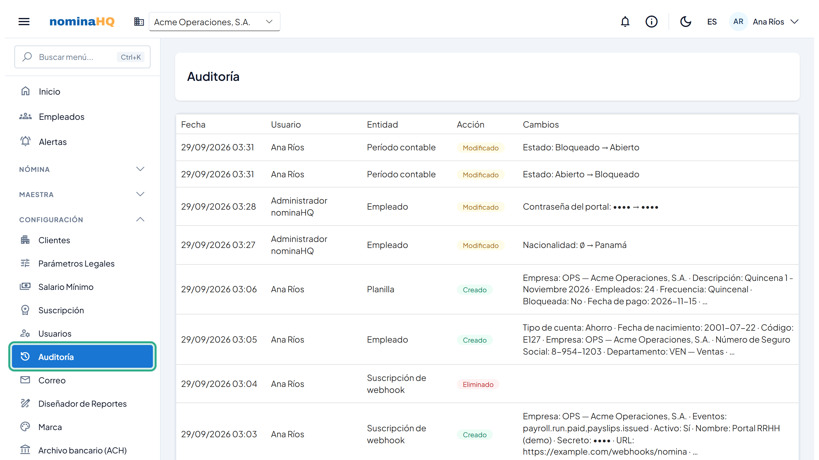 Pantalla Auditoría con las columnas Fecha, Usuario, Entidad, Acción y Cambios, y la opción Auditoría del menú resaltada