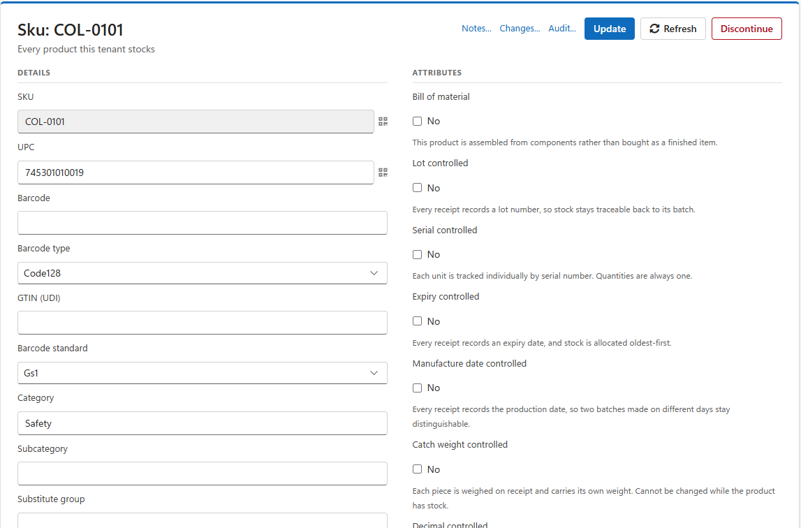 The product details screen with the Details and Attributes columns