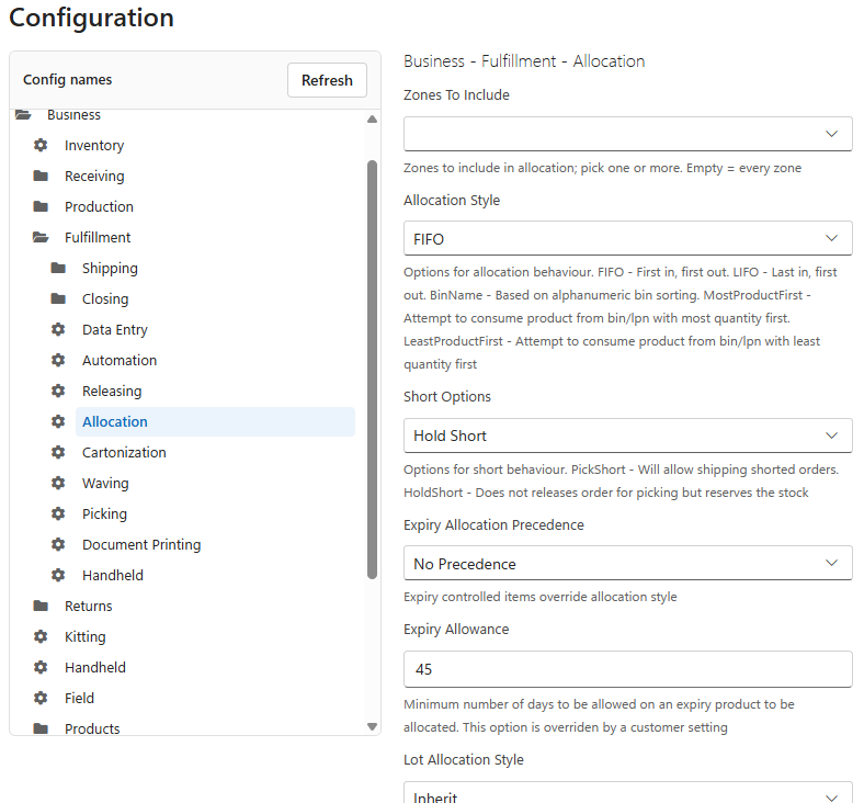 The Business - Fulfillment - Allocation settings: Zones to include, Allocation style, Short options, Expiry allocation precedence and Expiry allowance, each with its explanation