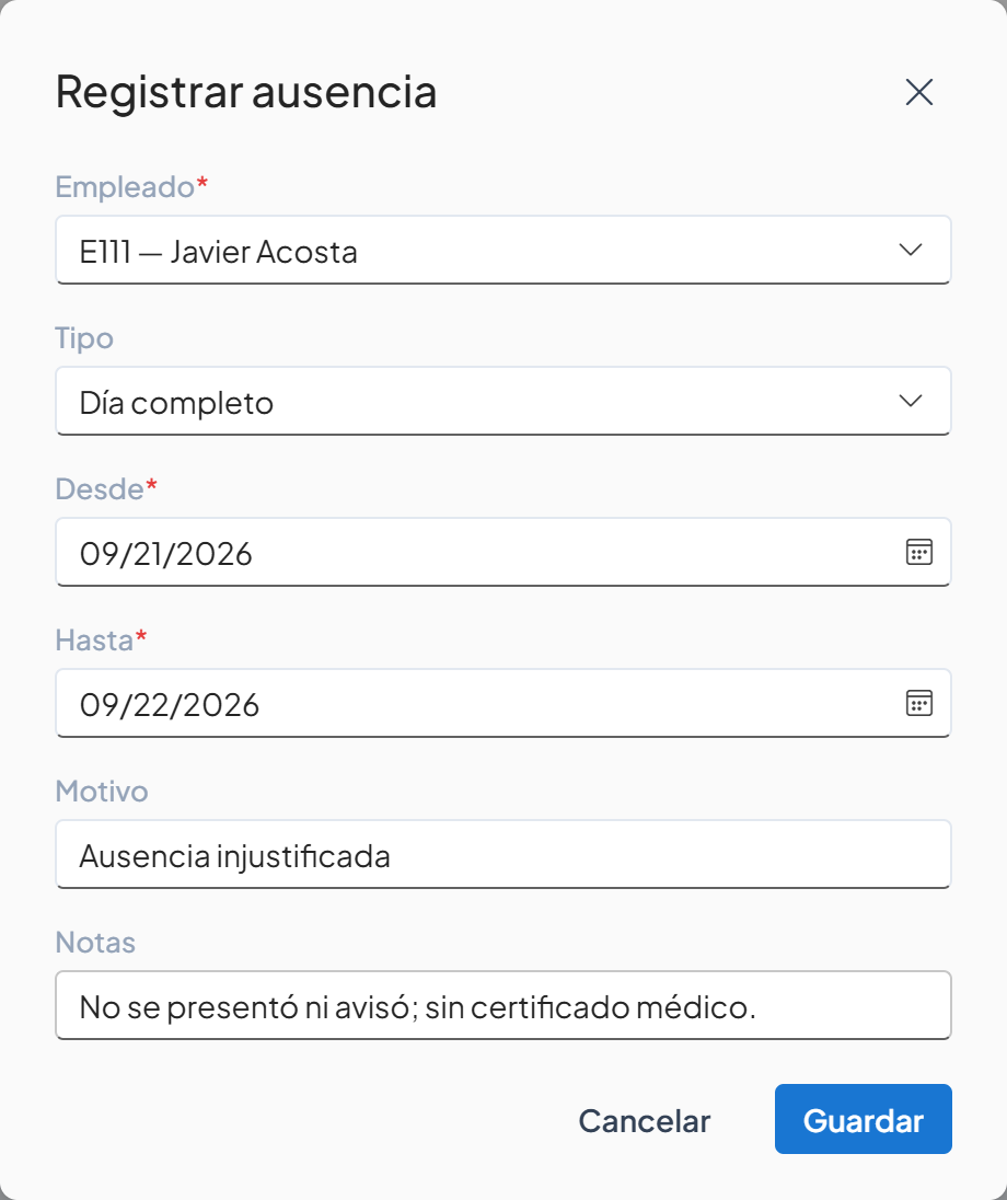 Campo Notas resaltado con una observación escrita