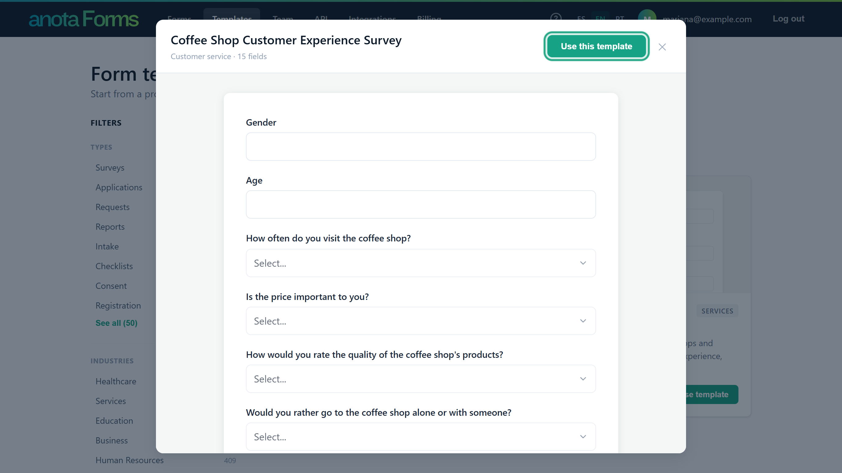 The preview window of the Coffee Shop Customer Experience Survey template, Customer service, 15 fields, with the Use this template button outlined