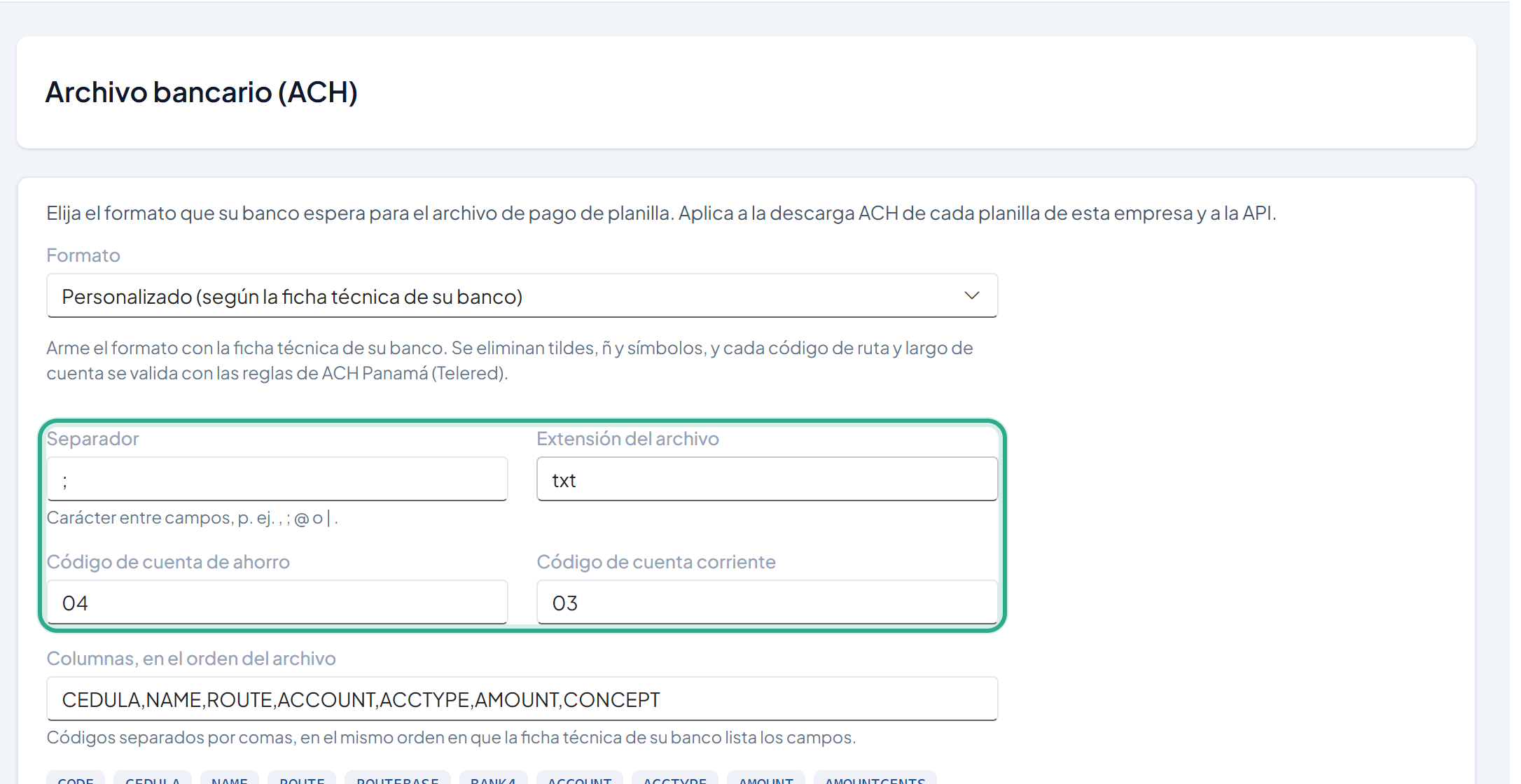 Campos Separador con ; y Extensión del archivo con txt, dentro del recuadro resaltado