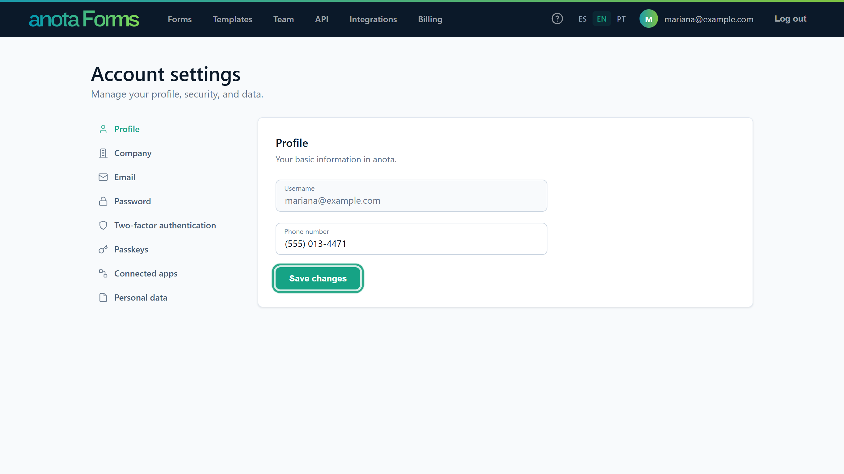 The Phone number box with (555) 013-4471 and the Save changes button outlined
