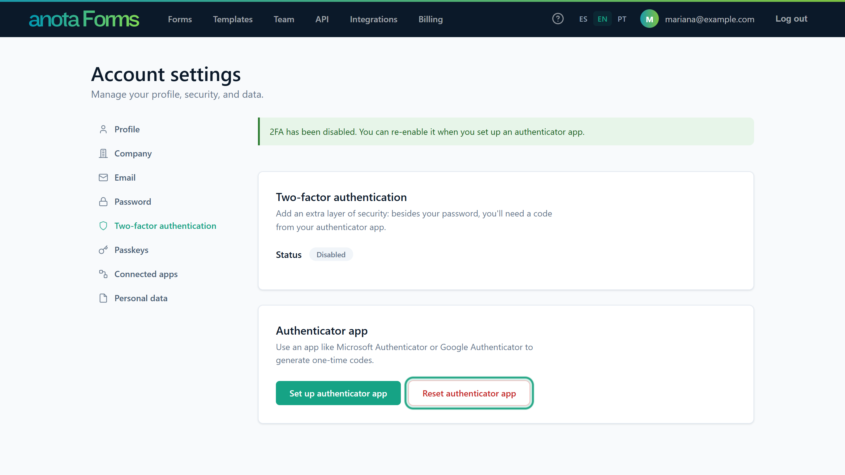 The Two-factor authentication section, Status Disabled, with the Reset authenticator app button outlined in the Authenticator app card