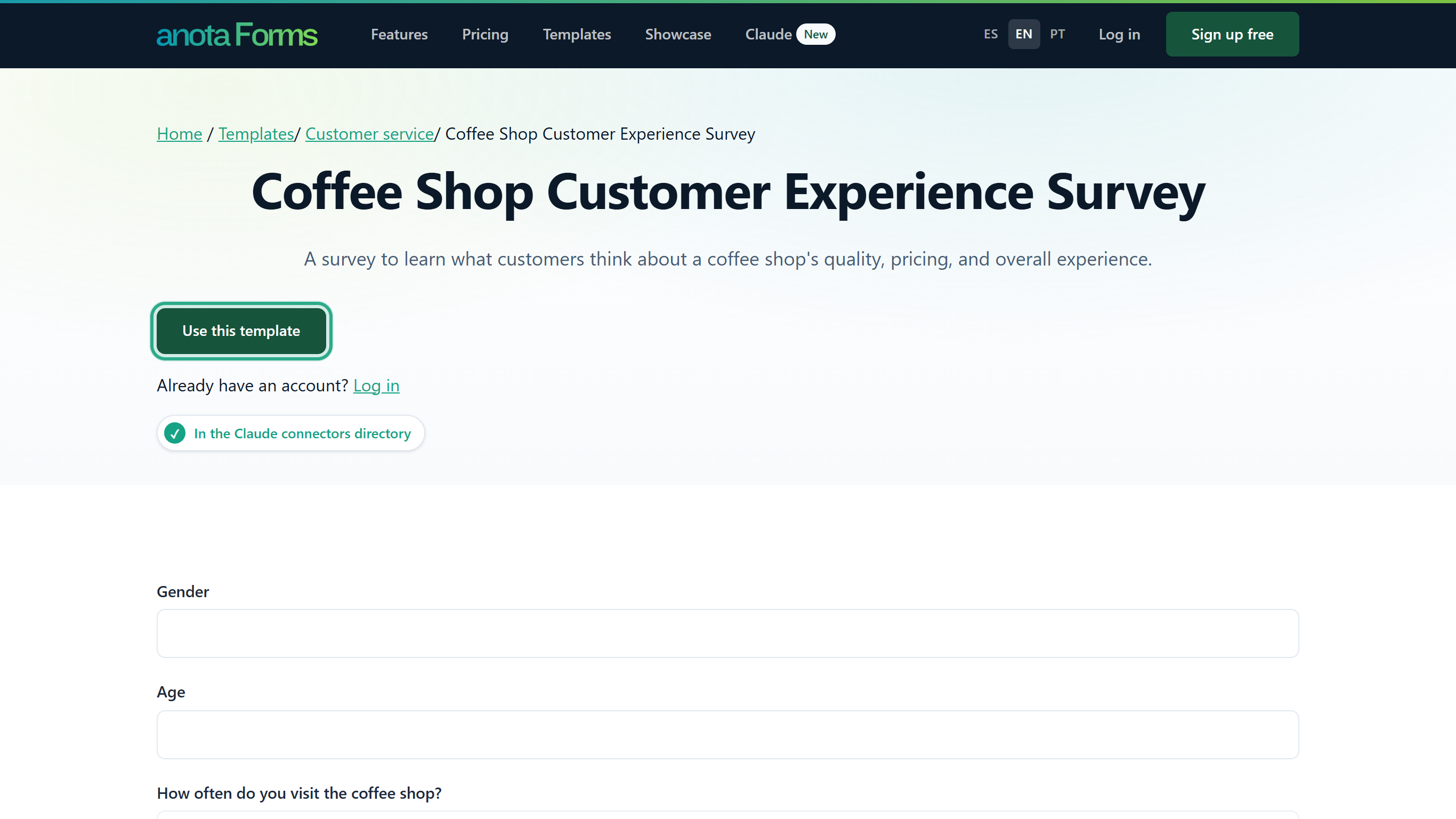 The public page of the Coffee Shop Customer Experience Survey template, with the Use this template button outlined and Already have an account? Log in under it