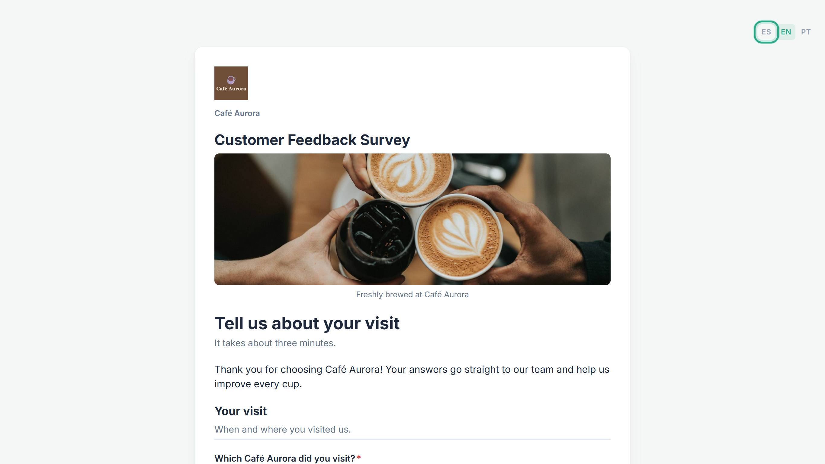 The public Customer Feedback Survey in English, with the ES link of the language switcher at the top right outlined