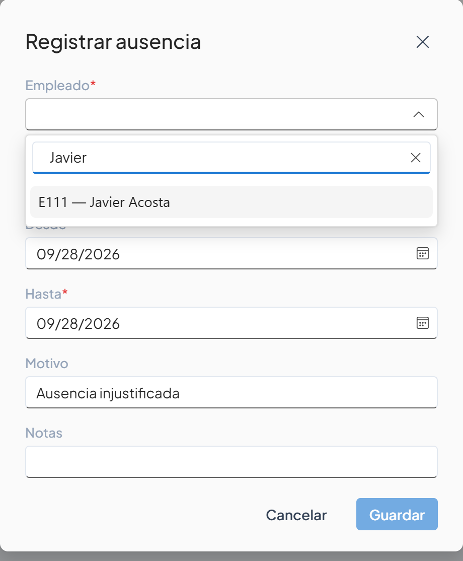 Lista Empleado abierta con el filtro Javier y la opción E111 — Javier Acosta