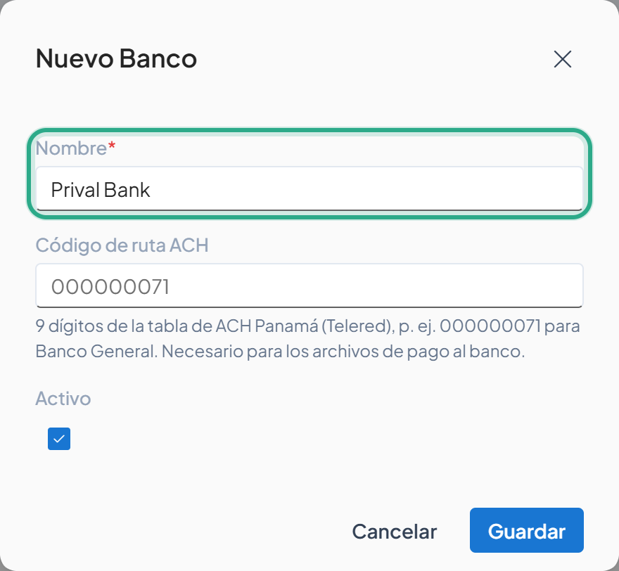 Cuadro Nuevo Banco con el campo Nombre resaltado y el texto Prival Bank
