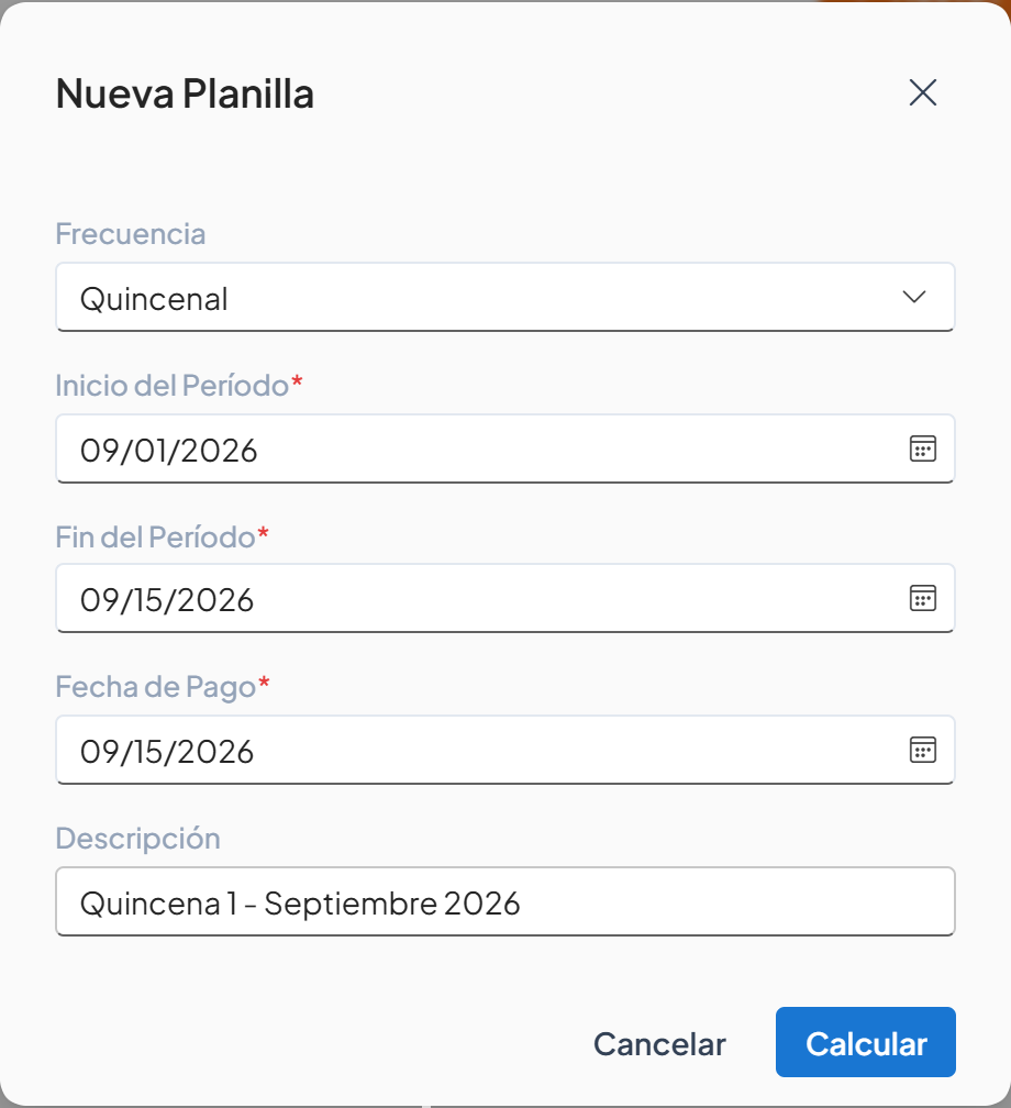 Campo Descripción resaltado con el texto Quincena 1 - Septiembre 2026