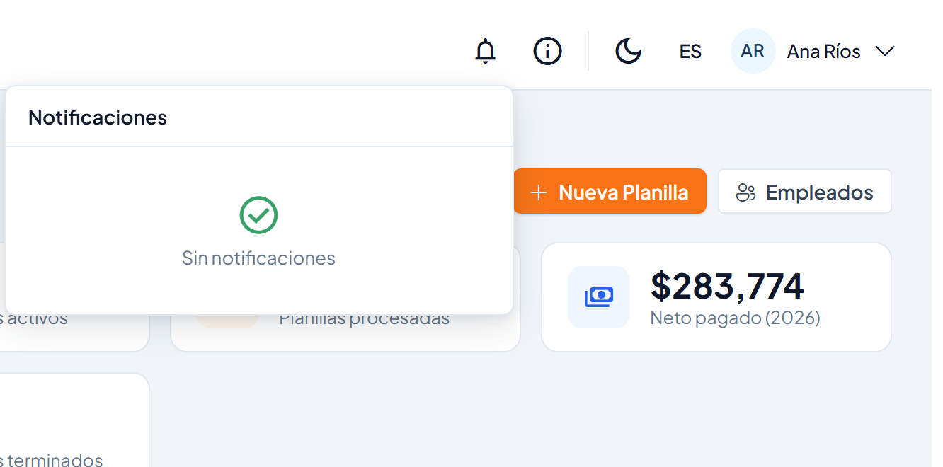 Panel Notificaciones abierto bajo la campana, con el mensaje Sin notificaciones