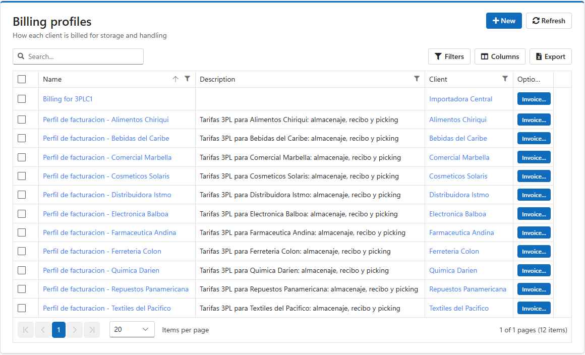 Billing profiles list