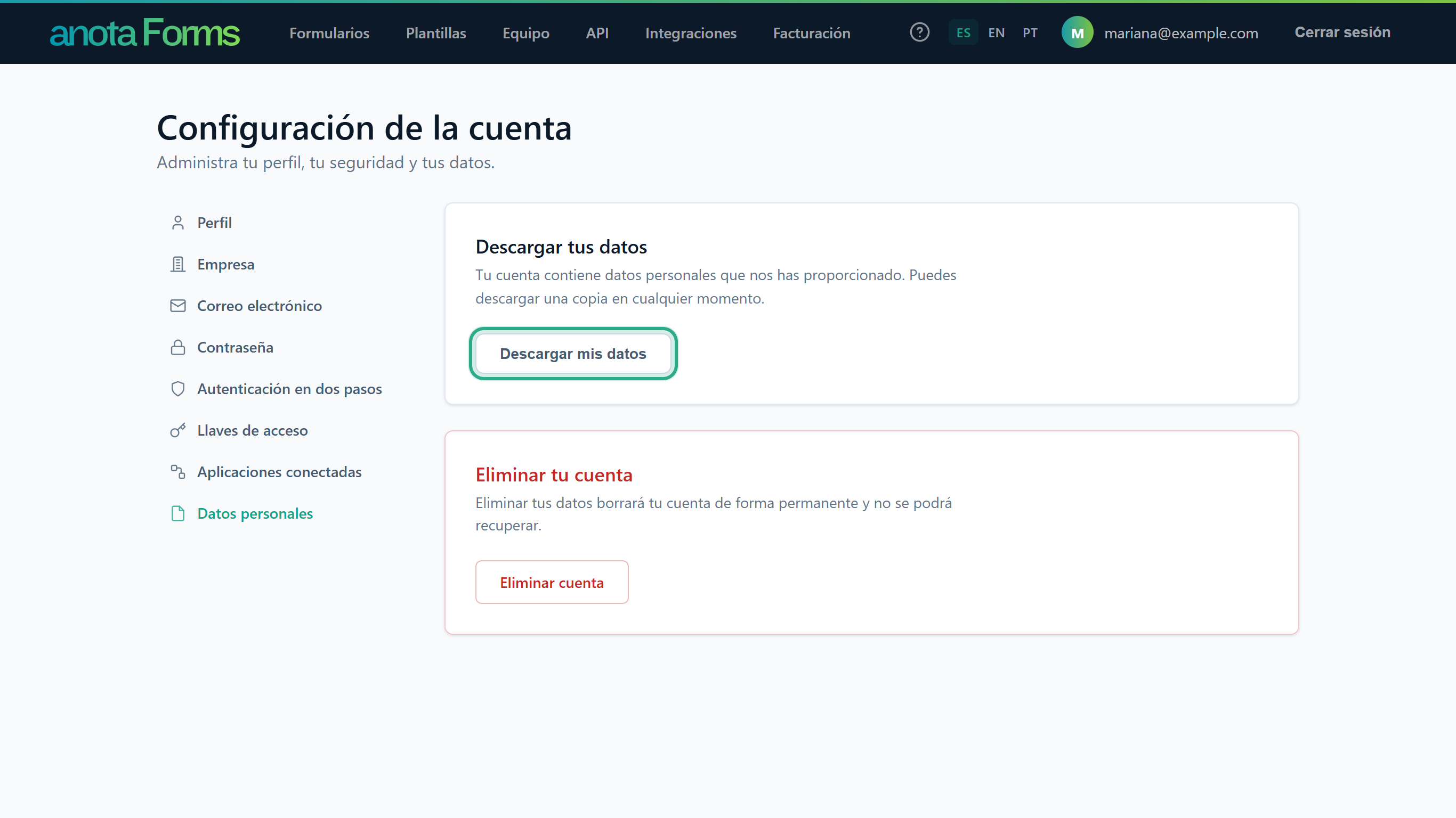 El apartado Datos personales con la tarjeta Descargar tus datos y su botón Descargar mis datos resaltado, y la tarjeta Eliminar tu cuenta debajo