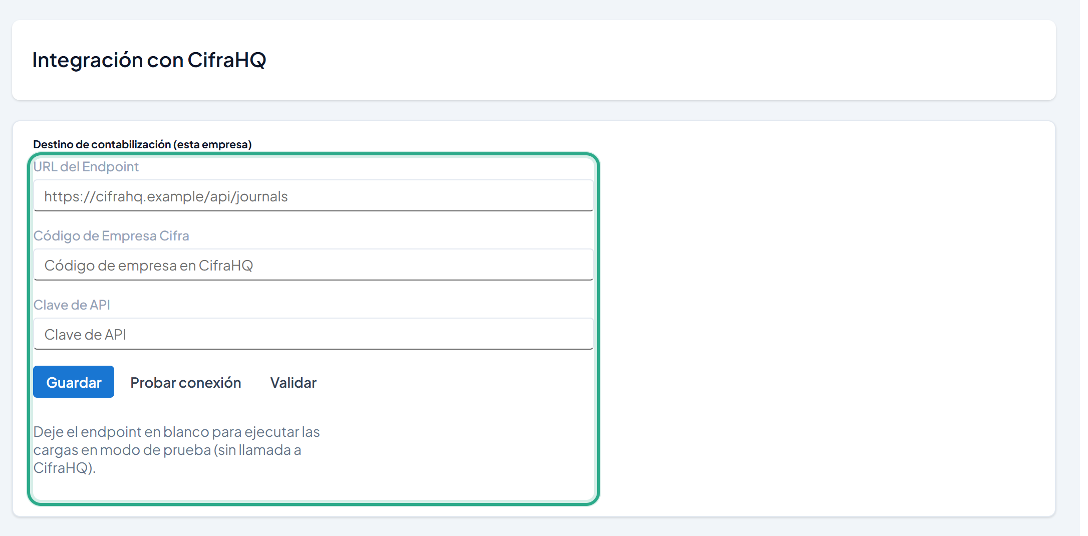 Campos URL del Endpoint, Código de Empresa Cifra y Clave de API resaltados