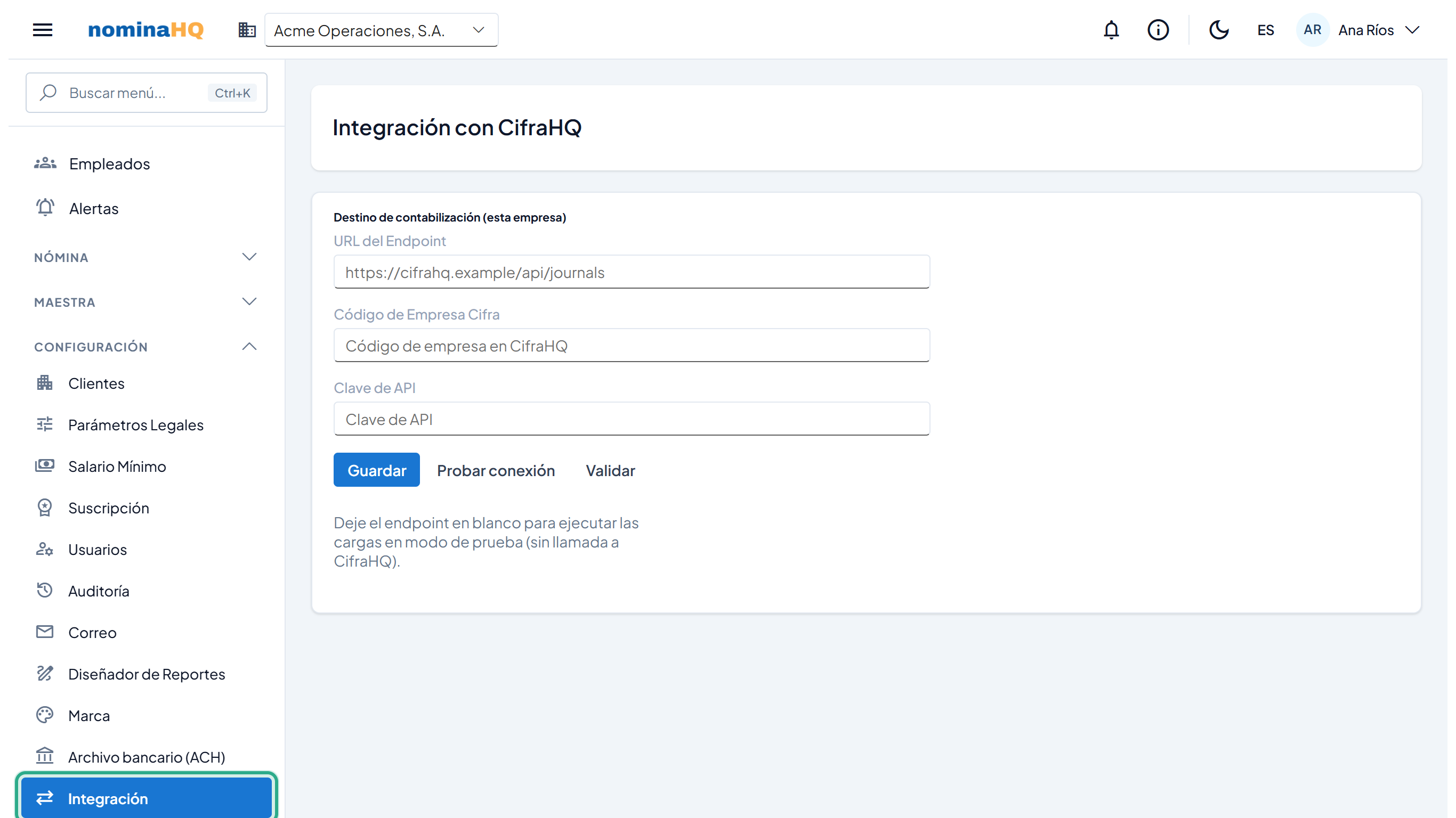 Pantalla Integración con CifraHQ con el menú Configuración → Integración resaltado