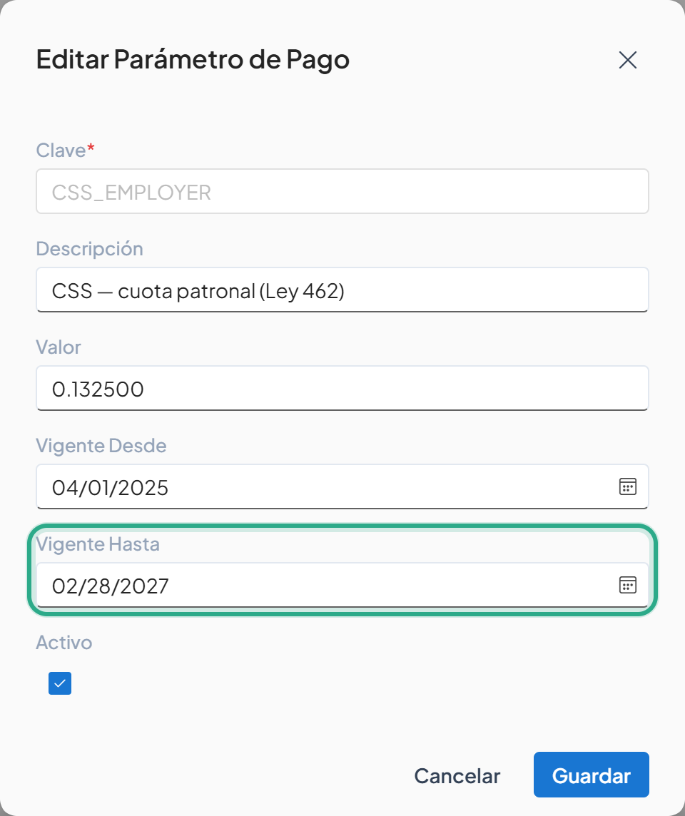 Cuadro Editar Parámetro de Pago con Vigente Hasta resaltado; la Clave CSS_EMPLOYER aparece deshabilitada