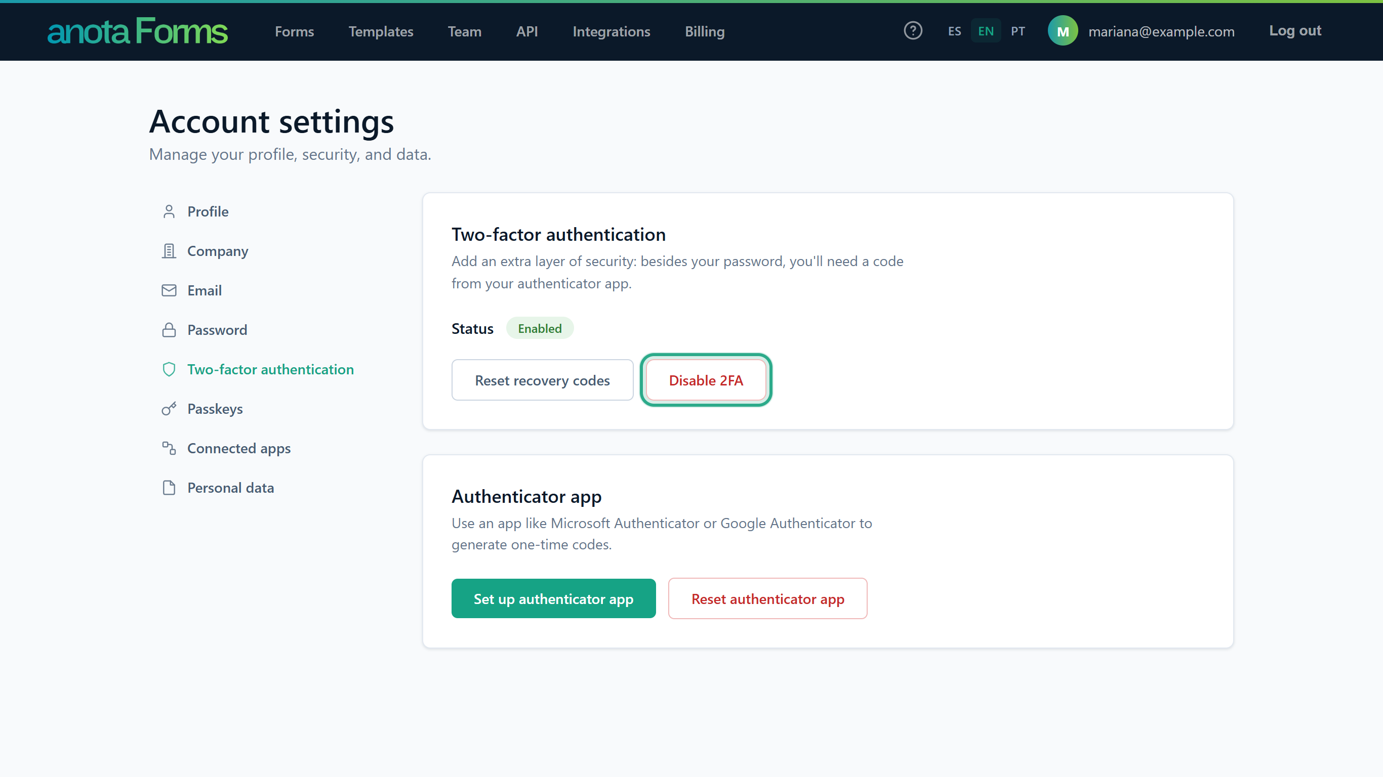 The Two-factor authentication section with the Disable 2FA button outlined