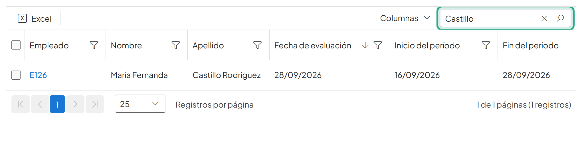 Lista de evaluaciones filtrada por Castillo con el campo Buscar resaltado